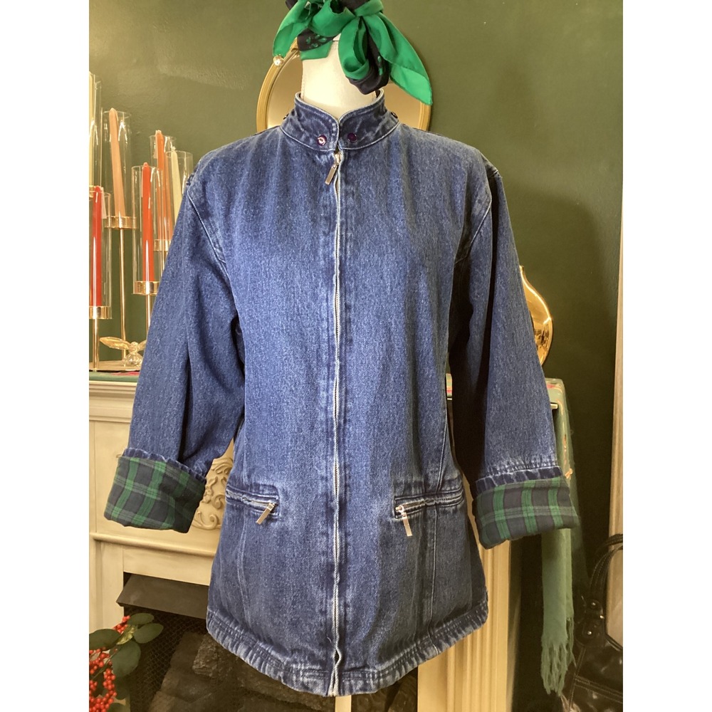NorthStyle Womens Blue Denim Jacket Plaid Flannel Lined Full Zip Mock Neck L‎